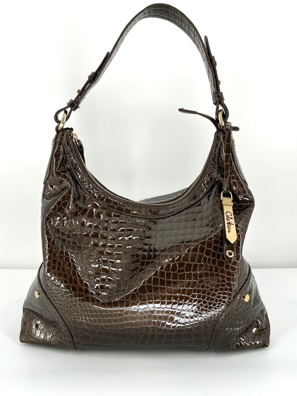 Cole Haan B26395 Brown Patent Croc Embossed Leather Hobo Shoulder Bag Y2K